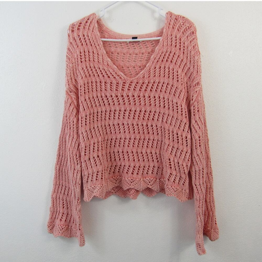 American Eagle Large Pink Crochet Knit V Neck Sweater Wide Sleeves Bubble Gum